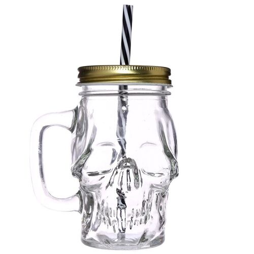Glass Skull Drinking Jar with Metal Lid & Stripy Straw