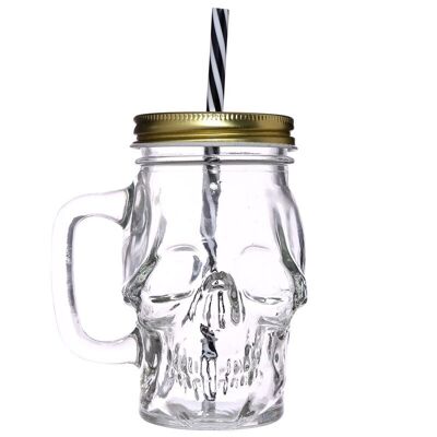 Totenkopf-Trinkglas aus Glas mit Metalldeckel und gestreiftem Strohhalm