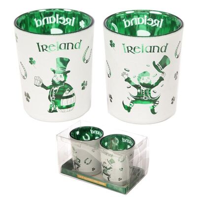 Lucky Leprechaun Ireland Juego de 2 velas de té de cristal y portavelas votivas