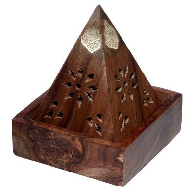 Boîte à cône d'encens pyramide en bois de sheesham avec bouddha et chantournage