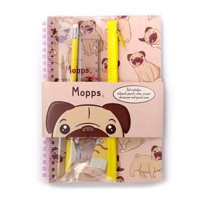 Mopps Pug Ring Bound Notepad & Pencil Case 6 Piece Stationery Set