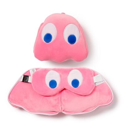 Relaxeazzz Pac-Man Pink Ghost - Almohada de viaje y antifaz para ojos