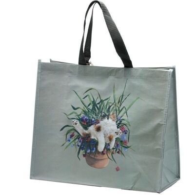 Kim Haskins Gato floral en maceta Botellas de plástico recicladas verdes Bolsa de la compra reutilizable RPET