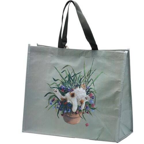 Kim Haskins Floral Cat in Plant Pot Green RPET Reusable Shopping Bag