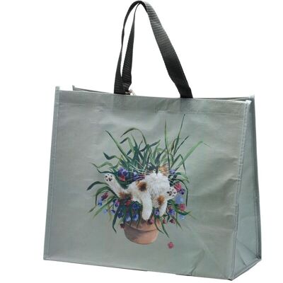 Bolsa de compras reutilizable de RPET verde con gato floral en maceta de Kim Haskins