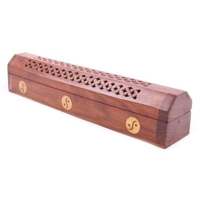 Quemador de incienso de madera Sheesham, caja con incrustaciones de Yin Yang