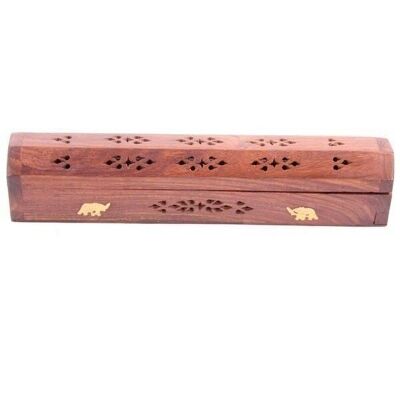 Sheesham Wood Ashcatcher Incense Sticks & Cones Burner Box with Brass Inlay, Elephants