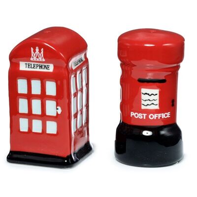 London Icons Set aus rotem Briefkasten und roter Telefonzelle aus Keramik, Salz und Pfeffer