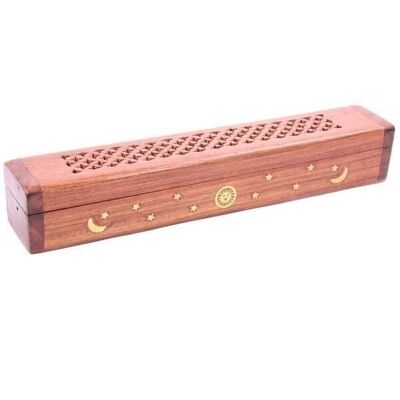 Sheesham Wood Ashcatcher Incense Sticks & Cones Burner Box with Brass Inlay, Sun, Moon & Stars