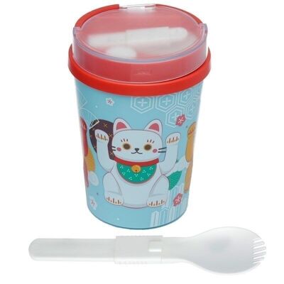 Maneki Neko Lucky Cat Reutilizable Lunch Pot / Snack Pot con Spork 500ml