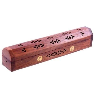 Sheesham Wood Ashcatcher Incense Sticks & Cones Burner Box with Brass Inlay, Ying Yang