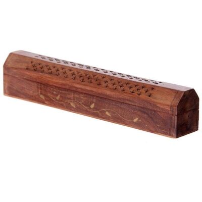 Sheesham Wood Ashcatcher Incense Sticks & Cones Burner Box with Brass Inlay, Vine Design