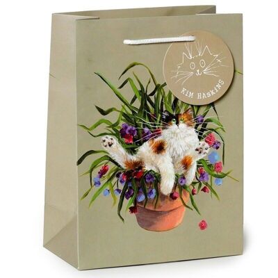 Kim Haskins Floral Cat in Plant Pot Green Gift Bag Medium