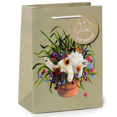 Kim Haskins Floral Cat in Plant Pot Bolsa de regalo verde mediana