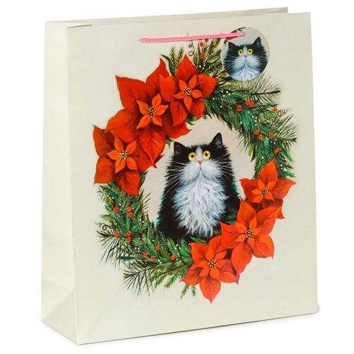 Christmas Kim Haskins Cat Wreath Gift Bag Extra Large