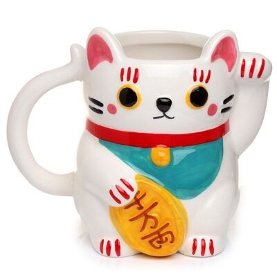 White Maneki Neko Lucky Cat Ceramic Shaped Mug