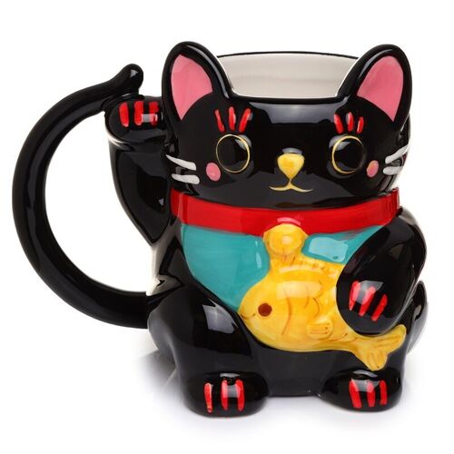 Black Maneki Neko Lucky Cat Ceramic Shaped Mug