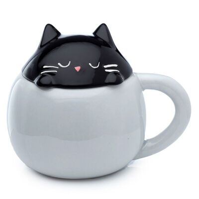 Taza de animales con tapa de cerámica con tapa de gato negro fino felino