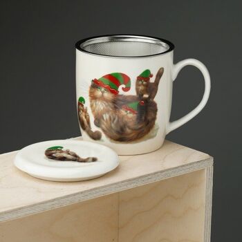 Kim Haskins Christmas Elf Cats Ensemble de tasses à infuser en porcelaine avec couvercle 2