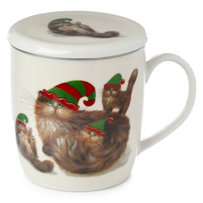 Kim Haskins Christmas Elf Cats Porcelain Infuser Mug Set with Lid