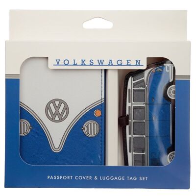 Volkswagen VW T1 Camper Bus Porta passaporto blu e set di etichette per bagagli