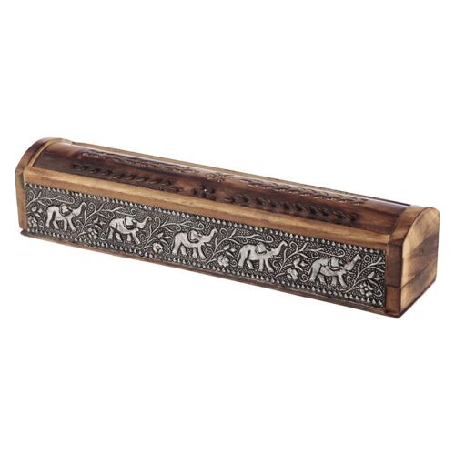 Mango Wood Ashcatcher Incense Burner Box with Elephant Inlay