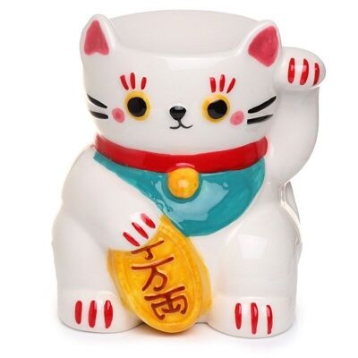 Quemador de aceite de cerámica White Maneki Neko Lucky Cat