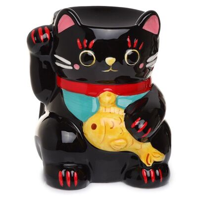 Quemador de aceite de cerámica Black Maneki Neko Lucky Cat