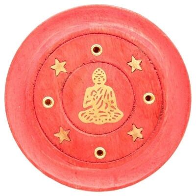 Buddha aus Mangoholz, rund, rot, Ashcatcher-Räucherstäbchen und Kegelbrenner