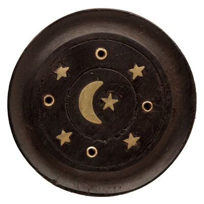Bruciatore di incenso rotondo nero con acchiappacenere in legno di mango, luna e stelle