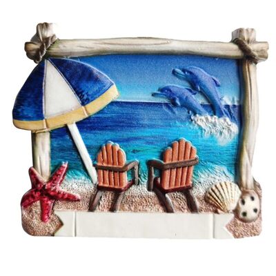 Cadre en bois flotté aimanté de bord de mer souvenir imprimé en 3D avec chaises de plage