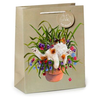 Kim Haskins Floral Cat in Plant Pot Bolsa de regalo verde grande