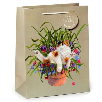 Kim Haskins Floral Cat in Plant Pot Sac cadeau vert Grand