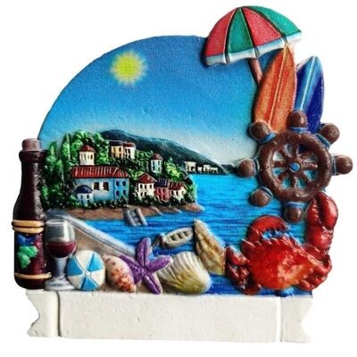 3D-gedruckter Souvenir-Küstenmagnet – Strandstadt mit Krabben und Muscheln