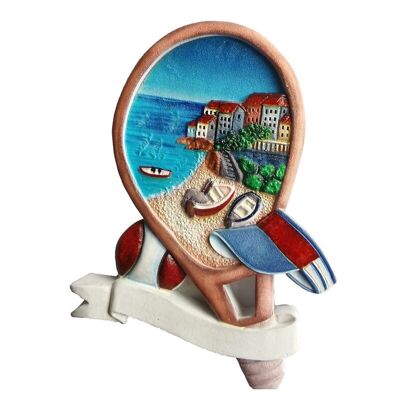 3D-gedruckter Souvenir-Magnet am Meer, Tennisschläger-förmige Strandszene