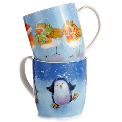 Jan Pashley Christmas Robin & Skating Penguins Set of 2 Porcelain Mugs