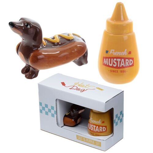 Sausage Dog in a Bun & Mustard Fast Food Ceramic Salt & Pepper Set