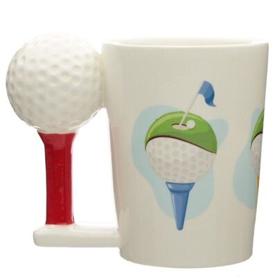 Taza de cerámica con asa en forma de pelota de golf y tee