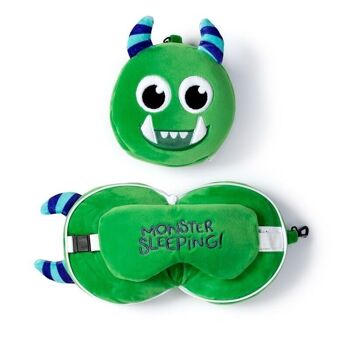 Relaxeazzz Oreiller de voyage en peluche Monstarz Monster vert et masque pour les yeux 1