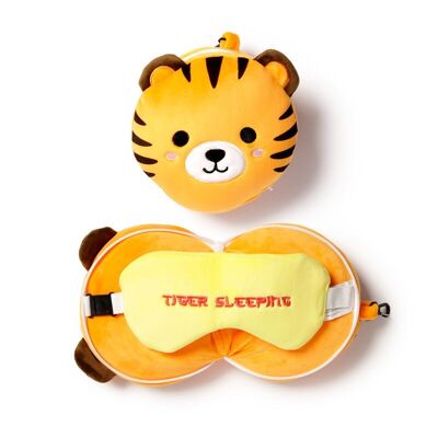 Relaxeazzz Tiger Plüsch-Reisekissen und Augenmaske