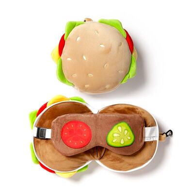 Relaxeazzz Fast Food Burger Oreiller de voyage en peluche et masque pour les yeux