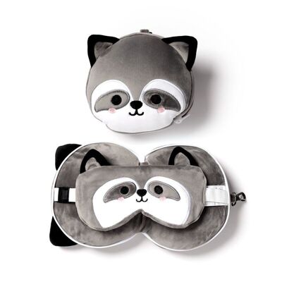 Oreiller de voyage et masque pour les yeux en peluche raton laveur Relaxeazzz