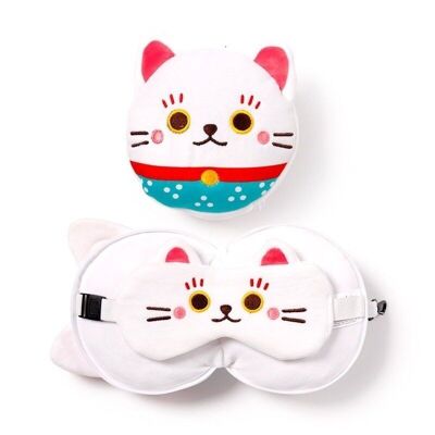 Relaxeazzz Maneki Neko Lucky Cat Cuscino da viaggio in peluche e maschera per gli occhi