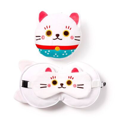 Relaxeazzz Maneki Neko Lucky Cat Oreiller de voyage en peluche et masque pour les yeux