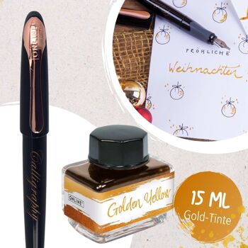 ONLINE Kit de calligraphie Air avec bouteille d'encre dorée | Set de calligraphie stylo plume, 3 plumes de calligraphie différentes, bouteille d'encre | emballage cadeau 3