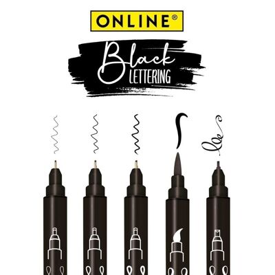 ONLINE Black-Lettering Set | wasserfeste Fasermaler schwarz | Kalligrafie-Stifte Set