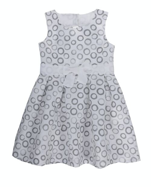 Vestido de niña en tejido de satén blanco con lunares estampados, tirantes.Cierre detrás mediante cremallera invisible. (2y-16y)