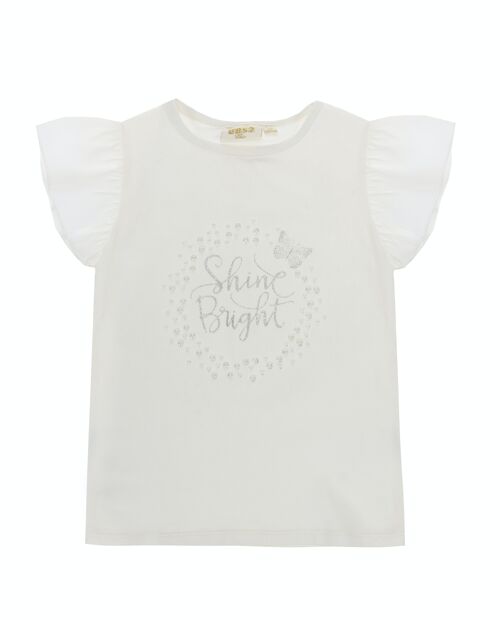 Camiseta de  niña en punto liso  elástico de algodón color blanco, manga corta de volante, estampado delante .   (2y-16y)