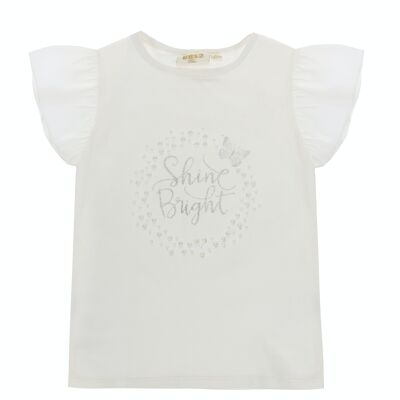 Girl's white stretch cotton single jersey T-shirt, short sleeves with flounces, print on the front. (2y-16y)