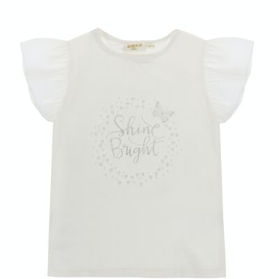 T-shirt bianca da bambina in single jersey di cotone stretch, maniche corte con balze, stampa davanti. (2a-16a)